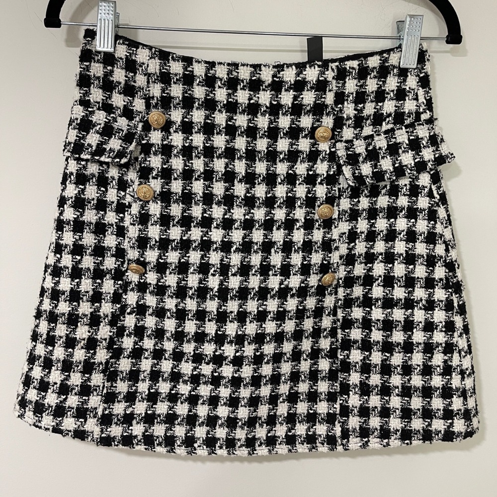 ALYA Houndstooth Tweed Mini Skirt Womens Small Black White Gold Button A-Line S